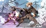  animal_ears boots cat_ears embers gatling_gun god_eater god_eater_2:_rage_burst gun hair_ornament hairclip hammer huge_weapon kouzuki_nana multiple_girls nyoro_(nyoronyoro000) open_mouth outdoors player_(god_eater_2) power_lines short_shorts shorts smoke thigh_boots thighhighs weapon zettai_ryouiki 