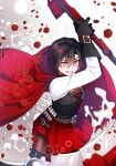  1girl ammunition_belt belt black_boots black_corset black_gloves black_hair boots brown_belt bullet cape commentary corset crescent_rose gguck gloves grey_eyes holding holding_scythe holding_weapon hood hooded_cape korean_commentary long_sleeves medium_hair open_mouth petals pleated_skirt red_cape red_hair red_petals red_skirt ruby_rose rwby scythe shrug_(clothing) skirt smile solo weapon white_background 