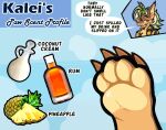 4_toes alcohol_bottle anthro b_bun300 banana_pattern beverage beverage_bottle bottle claws coconut coconut_drink container drupe_(fruit) elemental_creature english_text feet flora_fauna food foot_fetish foot_focus fruit fur furred_kobold furred_scalie grass_hair hybrid kalei_(hydro19) kobold male meme pawpads pineapple plant scalie solo talking_to_viewer text toe_claws toes