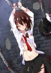  1girl absurdres abuse arms_up black_hat blood blood_on_clothes blood_on_face blush bound bound_wrists bow breasts brown_eyes brown_hair chain commentary_request crying crying_with_eyes_open cuffs hair_bow hat hat_bow highres long_sleeves medium_breasts medium_hair missing_headwear navel necktie one_eye_closed restrained ryona shackles shirt skirt solo speech_bubble stomach tears torn_clothes torn_shirt torn_skirt torture touhou translation_request tsuukinkaisoku_oomiya unworn_headwear usami_renko white_bow white_shirt 