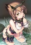  bad_id bad_twitter_id bare_shoulders breasts brown_hair gloves green_eyes headgear hi-ho- kantai_collection looking_at_viewer medium_breasts miniskirt mutsu_(kantai_collection) panties shiny shiny_skin short_hair skirt solo torn_clothes underwear water white_gloves white_panties 