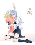  ahoge animal_ears black_gloves black_shorts black_socks blue_gem blue_hair blush bow bowtie bracelet bulge cake closed_mouth crossed_bangs edmond_(nu_carnival) food frilled_sleeves frills furrowed_brow gem gloves hair_between_eyes half_gloves heart highres holding holding_plate hugging_object jewelry legwear_garter low_ponytail no_shoes nu_carnival official_alternate_costume out_of_frame plate ponytail rabbit_ears rabbit_tail ribbon shirt shorts simple_background sitting sleeve_ribbon socks spoken_heart strawberry_shortcake stuffed_carrot tail thighs three-quarter_sleeves v-shaped_eyebrows white_background white_bow white_bowtie white_ribbon white_shirt yokozuwari your_yanjiu 