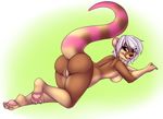  breasts brown_eyes ear_piercing female hair hindpaw looking_back lying mammal mustelid nude on_front otter paws piercing pussy sambers side_boob solo white_hair 