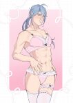  abs ahoge alternate_costume blue_eyes blue_hair blush border bow bow_bra bow_panties bra collarbone cowboy_shot crossdressing crossdressing_(mtf) edmond_(nu_carnival) frilled_panties frilled_thigh_strap frills gradient_background groin hair_between_eyes hand_on_own_hip highres lace-trimmed_panties lace_trim lingerie long_hair looking_at_viewer low_ponytail male_focus navel nu_carnival obliques panties parted_lips pectoral_cleavage pectorals pink_background pink_bra pink_panties ponytail raised_inner_eyebrows see-through_clothes see-through_thighhighs springchaos stomach thigh_strap thighhighs toned toned_male twitter_username underwear white_border white_thighhighs 