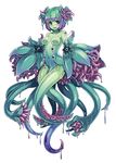  blush breasts extra_eyes full_body green_eyes green_hair green_skin highres kenkou_cross looking_at_viewer medium_breasts monster_girl monster_girl_encyclopedia multicolored_hair official_art plant_girl purple_hair simple_background solo tentacle_(monster_girl_encyclopedia) tentacles two-tone_hair white_background 