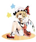  ascot blonde_hair bloomers book brown_eyes doughnut dress eating flandre_scarlet food hat hat_ribbon kurona mary_janes mob_cap puffy_sleeves reading red_dress ribbon shoes short_sleeves sitting solo star touhou underwear wings 