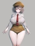  1girl absurdres aonori00 breasts brown_eyes brown_hair brown_hat closed_mouth commentary_request commission grey_background hat heart heart-shaped_pupils highres large_breasts legs long_sleeves looking_at_viewer necktie newsboy_cap pointy_ears red_necktie shameimaru_aya shameimaru_aya_(newsboy) shirt short_hair simple_background skeb_commission smile solo symbol-shaped_pupils touhou variant_set white_shirt 