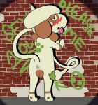 absurd_res animal_genitalia animal_vulva anthro anus bedroom_eyes blush bodily_fluids brick canine_genitalia canine_vulva female foggypaws generation_2_pokemon genital_fluids genitals graffiti hard_shadows hi_res looking_at_viewer looking_back narrowed_eyes nintendo pokemon pokemon_(species) seductive smeargle solo standing_on_toes tongue tongue_out vaginal_fluids vulva