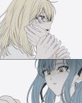  2girls absurdres bang_dream! bang_dream!_it's_mygo!!!!! black_ribbon blonde_hair blush commentary hair_ribbon hand_on_another's_cheek hand_on_another's_face highres holding_another's_wrist korean_commentary long_hair medium_hair misumi_uika multiple_girls nagseojang open_mouth ribbon sidelocks simple_background sweatdrop togawa_sakiko white_background yuri 