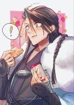  1boy aqua_haori asagi_tsuzumi black_hair black_kimono blue_hair blush braid cookie curtained_hair eating fate/grand_order fate_(series) food fur_shawl haori highres holding holding_food japanese_clothes kimono kondou_isami_(fate) kondou_isami_(white_kotetsu)_(fate) multicolored_hair red_hair sandwich_cookie shawl single_braid single_hair_streak solo 