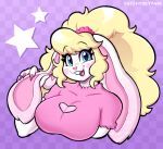 2025 anthro artist_name big_breasts big_hair blonde_hair blue_eyes breasts buckteeth bust_portrait checkered checkered_background cleavage_cutout clothed clothed_anthro clothed_female clothing countershade_breasts countershading cupcake_(shyshyoctavia) cutout digital_drawing_(artwork) digital_media_(artwork) eyebrows facial_markings female female_anthro hair happy head_markings heart_(marking) hi_res lagomorph leporid long_hair looking_at_viewer mammal markings pattern_background pink_body pink_clothing pink_topwear ponytail portrait rabbit raised_eyebrows shyshyoctavia simple_background smile smiling_at_viewer solo teeth text topwear white_body