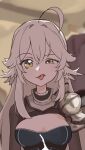  1girl ahoge animated animated_gif armor breasts cleavage cleavage_cutout clothing_cutout cum ejaculation head_wings highres indie_virtual_youtuber knight long_hair matoi_miia_(vtuber) medium_breasts meme neck_armor non-web_source rigby_the_cat_(meme) sanaerin shoulder_armor shrug_(clothing) tongue tongue_out virtual_youtuber white_hair wings yellow_eyes 