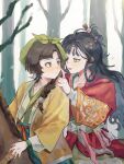  2girls :< :d amairo_natsumi bare_tree black_hair blue_eyes braid brown_eyes chinese_clothes coat eye_contact facial_mark finger_to_another's_face forehead_mark forest green_hanfu green_headscarf hand_up hanfu headscarf highres horseback_riding long_hair looking_at_another mayfly_(reverse:1999) mole mole_above_eye multiple_girls nature open_mouth outdoors paper_heron red_hanfu reverse:1999 riding single_braid smile tree turning_head upper_body yellow_coat 