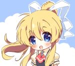  1girl air_(visual_novel) ascot blonde_hair blue_background blue_eyes blush chibi chibi_only commentary_request cross_ornament floating_hair hair_between_eyes haruchimo kamio_misuzu long_hair looking_at_viewer open_mouth outline ponytail puffy_short_sleeves puffy_sleeves red_ascot school_uniform shirt short_sleeves sidelocks simple_background smile solo tareme two-tone_background upper_body very_long_hair white_background white_outline yellow_shirt 