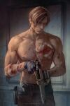  1boy abs bandage_on_chest bandaged_arm bandages black_gloves blood blood_on_body blood_on_breasts broken_glass brown_hair closed_eyes cowboy_shot facing_viewer fingerless_gloves glass gloves guiltpleasure gun handgun highres holding holding_gun holding_weapon leon_s._kennedy male_focus muscular muscular_male nipples painterly pectorals requiem_(gun) resident_evil resident_evil_requiem short_hair sidelighting solo topless_male two-handed weapon 