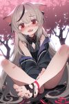  1girl alternate_eye_color animal_ear_fluff animal_ears bare_shoulders barefoot black_dress blue_archive blush breasts cherry_blossoms chocolate chocolate_on_body cleavage_cutout clothing_cutout dress ears_down food_on_body grey_hair highres indian_style jacket kokona_(blue_archive) long_hair multicolored_hair off_shoulder open_mouth pepperdevil petals red_eyes ribbon sitting sleeveless sleeveless_dress small_breasts solo streaked_hair sweat sweatdrop teeth toes tree upper_teeth_only very_long_hair 