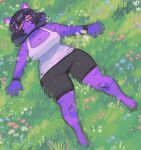 2026 5_fingers anthro big_breasts black_bottomwear black_clothing black_eyebrows black_hair black_shorts black_wristband blue_flower bottomwear breasts choker cleavage clothed clothing day dddddancerrrrrs detailed_background digital_drawing_(artwork) digital_media_(artwork) domestic_cat eyebrows eyelashes eyeliner eyeshadow eyewear felid feline felis female female_anthro fingers floral_pattern flower frown glasses grass grass_field hair inner_ear_fluff jewelry lying lying_on_grass lying_on_ground makeup mammal molly_(dddddancerrrrrs) necklace on_back on_grass on_ground outside pink_eyeshadow plant purple_body purple_ears rectangular_glasses red_flower shirt short_hair shorts slightly_chubby slightly_chubby_anthro slightly_chubby_female solo tank_top thick_thighs tired topwear translucent translucent_hair tuft white_clothing white_flower white_shirt white_tank_top white_topwear wide_hips yellow_sclera