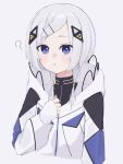  1girl ? absurdres asymmetrical_bangs black_shirt blue_eyes blush cevio coat cropped_torso grey_background grey_hair hair_ornament hair_tubes hairclip highres kafu_(cevio) medium_hair parted_lips saka_(sa_ka) shirt simple_background sleeves_past_wrists solo turtleneck upper_body white_coat 