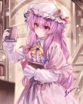  1girl absurdres blue_bow blush book bow bowtie breasts capelet chinese_commentary closed_mouth commentary_request crescent crescent_hat_ornament dress hat hat_ornament highres holding holding_book long_hair long_sleeves medium_breasts mob_cap patchouli_knowledge pink_capelet pink_dress pink_hat purple_eyes red_bow signature solo striped_clothes striped_dress top-exerou touhou vertical-striped_clothes vertical-striped_dress very_long_hair yellow_bow yellow_bowtie 