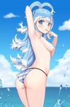  1girl absurdres armpits artist_name ass bikini blue_eyes blue_hair breasts bright_pupils cloud colored_tips commission highres hololive kobo_kanaeru multicolored_hair sky small_breasts solo swimsuit topless_female virtual_youtuber water white_hair white_pupils zedxxx 