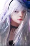  1girl absurdres black_hair black_hat choker chromatic_aberration commentary_request dated earrings eki_lee flower hat hat_flower highres jewelry lace-trimmed_choker lace_trim nijisanji pink_lips portrait purple_eyes signature solo sukoya_kana sukoya_kana_(2nd_costume) tilted_headwear vignetting virtual_youtuber white_hair 