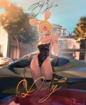  1boy 1girl absurdres animal_ears arknights black_choker black_dress blonde_hair bracelet breasts car car_keys choker closed_mouth covered_navel day dorothy_(arknights) dress gandy_(gan3e46) highres jewelry large_breasts motor_vehicle mouse_ears mouse_girl mouse_tail outdoors round_eyewear smile solo standing sunglasses tail thigh_strap yellow_eyes 