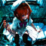  1girl black_thighhighs blue_eyes bow bowtie decay dress english_commentary from_above hand_rest hat highres higurashi_no_naku_koro_ni holding holding_scissors kristianmaksak5 looking_at_viewer orange_hair purple_bow purple_bowtie ryuuguu_rena scissors sitting solo thighhighs white_dress white_hat 