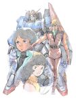  1girl 2boys akiman black_hair blonde_hair blue_hair char_aznable closed_mouth commentary_request fa_yuiry gloves gundam highres kamille_bidan looking_at_viewer mecha mobile_suit multiple_boys o'neill_cylinder quattro_bajeena revision robot shield short_hair smile sunglasses v-fin zeta_gundam zeta_gundam_(mobile_suit) 