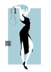  1girl anklet arms_up bang_dream! bang_dream!_it's_mygo!!!!! black_dress black_shoes blending blue_background blue_hair breasts chinese_commentary commentary_request dress hair_tie_in_mouth high_heels highres jewelry long_hair medium_breasts mouth_hold qr_code shoes sleeveless sleeveless_dress solo togawa_sakiko tying_hair yellow_eyes zhangji318969 