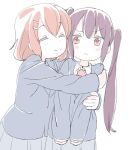  2girls annoyed arms_around_another's_back black_hair blazer blush blush_stickers brown_eyes brown_hair clenched_hands closed_mouth collar forced_hug frown furrowed_brow grey_skirt hair_ornament hair_tie hairclip hirasawa_yui hug jacket k-on! long_hair multiple_girls nakano_azusa necktie pale_skin parallel_hairclips parted_bangs red_necktie sakuragaoka_high_school_uniform school_uniform short_hair skirt smile tonmoh twintails white_background 