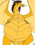  2025 ambiguous_gender belly big_belly black_claws brown_hair claws dragon eyes_closed feral flat_colors grey_horn hair hi_res horn huge_belly mythological_creature mythological_scalie mythology overweight rumbling_stomach scalie simple_background solo tail tongue tongue_out watermark white_background wings yauhasart yellow_arms yellow_belly yellow_body yellow_legs yellow_tail yellow_wings 