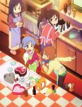  4girls absurdres aioi_yuuko alternate_hairstyle anime_coloring apron aqua_apron artist_request baking black_hair black_pants blue_apron blue_eyes blue_hair blue_skirt bowl brown_hair cake cake_pan checkered_tablecloth chocolate_cake chocolate_statue closed_mouth collared_shirt cube_hair_ornament drink_carton food from_above glasses green_apron hair_ornament heart heart-shaped_cake heart-shaped_food highres holding holding_bowl holding_pastry_bag icing index_finger_raised indoors kamakura_(nichijou) kitchen kokeshi leg_up long_hair long_skirt long_sleeves looking_at_another looking_back looking_to_the_side microwave milk_carton minakami_mai multiple_girls naganohara_mio naganohara_yoshino nichijou no_nose official_art open_mouth orange_slippers pants pastry_bag pink_apron pink_shirt pink_slippers ponytail purple_eyes red_sweater semi-rimless_eyewear shirt shoe_dangle short_hair short_twintails siblings sink sisters skirt slippers smile standing sun_symbol sweater third-party_source twintails under-rim_eyewear valentine yellow_shirt yellow_skirt 