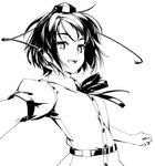 greyscale hat looking_at_viewer monochrome open_mouth rokuwata_tomoe shameimaru_aya short_hair simple_background smile solo tokin_hat touhou white_background 