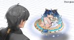  1boy 1girl ancient_greek_clothes arm_armor armlet barefoot blue_eyes blue_hair bridal_gauntlets chibi collared_jacket earrings feet foot_focus gold_bra greco-roman_clothes hair_belt highres iuno_(wuthering_waves) jacket jewelry laurel_crown leg_focus leg_wrap legs lennykaise long_hair male_rover_(wuthering_waves) no_shoes rover_(wuthering_waves) showgirl_skirt sitting soles sun_earrings sun_necklace tacet_mark_(wuthering_waves) thighlet toe_ring toenails toes vambraces white_bridal_gauntlets wuthering_waves 
