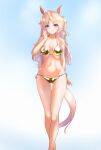  1girl absurdres animal_ears barefoot bikini blonde_hair blue_eyes blush breasts cleavage closed_mouth collarbone commentary_request full_body gold_bikini groin hair_ornament highres horse_ears horse_tail kimlarno_nazzo medium_breasts navel simple_background smile solo swimsuit tail umamusume victoire_pisa_(umamusume) 