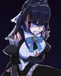  1girl angry bleeding blood blood_on_face blue_eyes blue_hair bow bow_earrings breasts chain chain_headband cleavage clenched_teeth earrings english_commentary fanged_bangs hair_intakes hand_on_own_arm heart-shaped_gem highres holocouncil hololive hololive_english holopromise jewelry large_breasts ouro_kronii ribbon_earrings simple_background teeth varsien virtual_youtuber 
