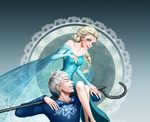  1girl carry carrying crossover disney doily dress elsa_(frozen) frozen_(disney) hair hood hoodie jack_frost_(rise_of_the_guardians) lydia off_shoulder queen rise_of_the_guardians sequins shoulder_perch smile snow staff white 