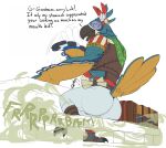 aetherxov ankle_band anthro apology avian avian_feet bandoneon beak bench bird black_beak black_feet blue_body blue_feathers bottomwear breath_of_the_wild brown_clothing brown_topwear butt clothed clothed_anthro clothed_male clothing dialogue digital_drawing_(artwork) digital_media_(artwork) exposed_belly eyes_closed facial_markings fanning fanning_nose fanning_self fart fart_cloud fart_fetish feather_tuft feathers feet fully_clothed fully_clothed_anthro fully_clothed_male furgonomic_pants furniture green_kerchief green_neckerchief head_markings hi_res indigestion kass_(tloz) kerchief male markings motion_outline motion_trail multicolored_body multicolored_feathers musical_instrument neckerchief neckwear nintendo on_bench onomatopoeia open_beak open_mouth pants raised_leg rear_view rito rumbling_stomach scroll scuted_feet scutes side_view simple_background sitting sitting_on_bench smelly solo sound_effects table tail tail_feathers tail_feathers_tuft talons text the_legend_of_zelda three-quarter_view toes topwear tuft white_bottomwear white_clothing white_pants winged_arms wings yellow_body yellow_feathers