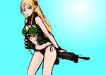  assault_rifle bare_shoulders bikini black_eyes blonde_hair braid breasts cleavage collaboration colorfag colorized elf flower gun hair_flower hair_ornament large_breasts leaning_forward light_smile long_hair open_clothes open_vest panties_(pantsu-pirate) pointy_ears rifle rk95 sako_rk_95_(upotte!!) scope side-tie_bikini simple_background single_braid solo swimsuit underboob upotte!! vest weapon 