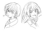  2girls bang_dream! bang_dream!_it's_mygo!!!!! chihaya_anon collared_shirt commentary fang greyscale haneoka_school_uniform highres korean_commentary korean_text lineart long_hair monochrome multiple_girls nagseojang necktie open_mouth school_uniform shirt short_hair simple_background takamatsu_tomori translation_request upper_body white_background 