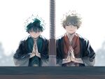  2boys backlighting bad_id bad_pixiv_id bakugou_katsuki black_haori blonde_hair boku_no_hero_academia breath closed_eyes commentary cut_(nifuhami_35) eyebrows_hidden_by_hair facing_viewer freckles furrowed_brow green_hair green_kimono hair_between_eyes hands_up haori haori_himo japanese_clothes kimono long_sleeves male_focus midoriya_izuku multiple_boys orange_kimono outdoors own_hands_together palms_together parted_lips praying rope scar scar_on_hand short_hair shrine side-by-side spiked_hair straight-on upper_body v-shaped_eyebrows white_background wide_sleeves wrinkled_fabric 