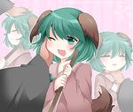  =_= animal_ears bad_id bad_pixiv_id broom chin_tickle closed_eyes commentary_request dress fang green_eyes green_hair hammer_(sunset_beach) hand_in_hair hand_on_another's_head kasodani_kyouko one_eye_closed open_mouth out_of_frame petting pink_dress pov pov_hands smile tail touhou 