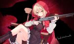  1girl blonde_hair boots braid brown_boots brown_dress cape chair closed_mouth commentary_request dress feet_out_of_frame frilled_dress frilled_sleeves frills green_eyes gun hands_up heterochromia highres holding holding_gun holding_weapon hood hood_up hooded_cape lace-up_boots little_red_riding_hood_(fairy_tale) long_hair long_sleeves looking_at_viewer puffy_long_sleeves puffy_sleeves pump_action red_cape red_riding_hood_(grimms_notes) red_riding_hood_(original)_(grimms_notes) rocking_chair rocksnotrock shirt shotgun side_braid silhouette single_braid sitting smile solo weapon white_shirt wooden_chair yellow_eyes 