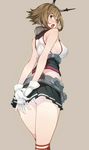  amami_amayu bare_shoulders blush breasts brown_hair gloves green_eyes headgear jpeg_artifacts kantai_collection looking_at_viewer mutsu_(kantai_collection) open_mouth panties short_hair simple_background skirt solo thighhighs underwear white_panties 