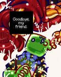 2boys absurdres armor averythemayo blending censored censored_identity colored_skin d3rlord3 english_text flapp0 floral_print flower forget-me-not_(flower) green_skin hawaiian_shirt highres holding holding_flower knight lying male_focus monster_boy multiple_boys on_back painterly searching_for_a_world_that_doesn't_exist shirt slime_boy source_quote square_head upper_body white_shirt 