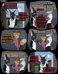  6_panel_comic absurd_res accessory anthro awkward_silence balthy_(suitedwolfie) bat black_body black_clothing black_shirt black_topwear bottomwear brown_body cain_(suitedwolfie) canid canine canis clothing color_coded_text comic crossed_arms dialogue door ear_piercing earhole ellipsis english_text eye_contact eye_markings eyewear fox glasses glasses_chain group hands_behind_back hi_res k_(suitedwolfie) leaving looking_at_another male mammal markings multiple_scenes necktie northwestern_wolf open_door pants piercing red_fox shirt speech_bubble standing suitedwolfie sweater tail text topwear trio true_fox vest white_clothing white_markings white_necktie white_topwear white_vest wingless_bat wolf 