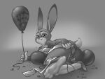 absurd_res anthro big_butt buckteeth butt digitigrade disney feet female gloves_(marking) grey_background hi_res holding_balloon judy_hopps lagomorph leporid looking_at_viewer lying mammal markings monochrome mootsider on_side rabbit simple_background smile solo teeth thick_thighs wide_hips zootopia