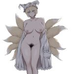  animal_ears black_pubic_hair blonde_hair blush breasts completely_nude curvy dim_lighting fox_ears fox_tail hat kitsune kyuubi large_breasts mob_cap multiple_tails ntama nude pointy_ears pubic_hair tail touhou yakumo_ran yellow_eyes 