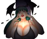  1girl blood breasts capcom cleavage collarbone demon_girl ears gigantic_breasts green_hair imakunni lips lipstick long_hair makeup morrigan_aensland smile solo succubus swimsuit tongue tongue_out vampire_(game) 
