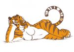  anthro breasts feline female kung_fu_panda looking_at_viewer lying mammal master_tigress nude on_side plain_background pose solo stripes threadandclaws tiger white_background 